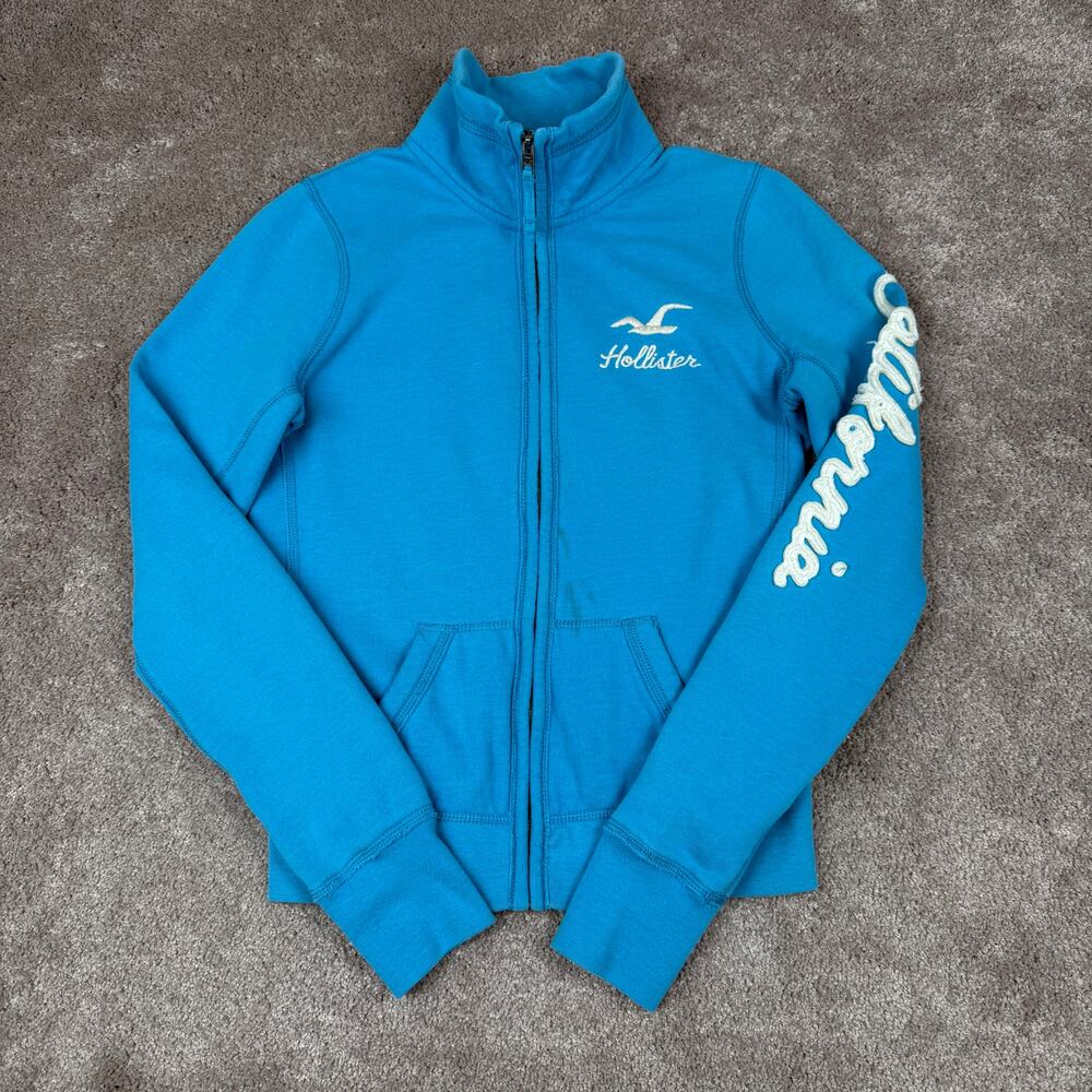 Vtg Hollister Women Full Zip Sweatshirt Blue California Sleeve Size M y2k Preppy